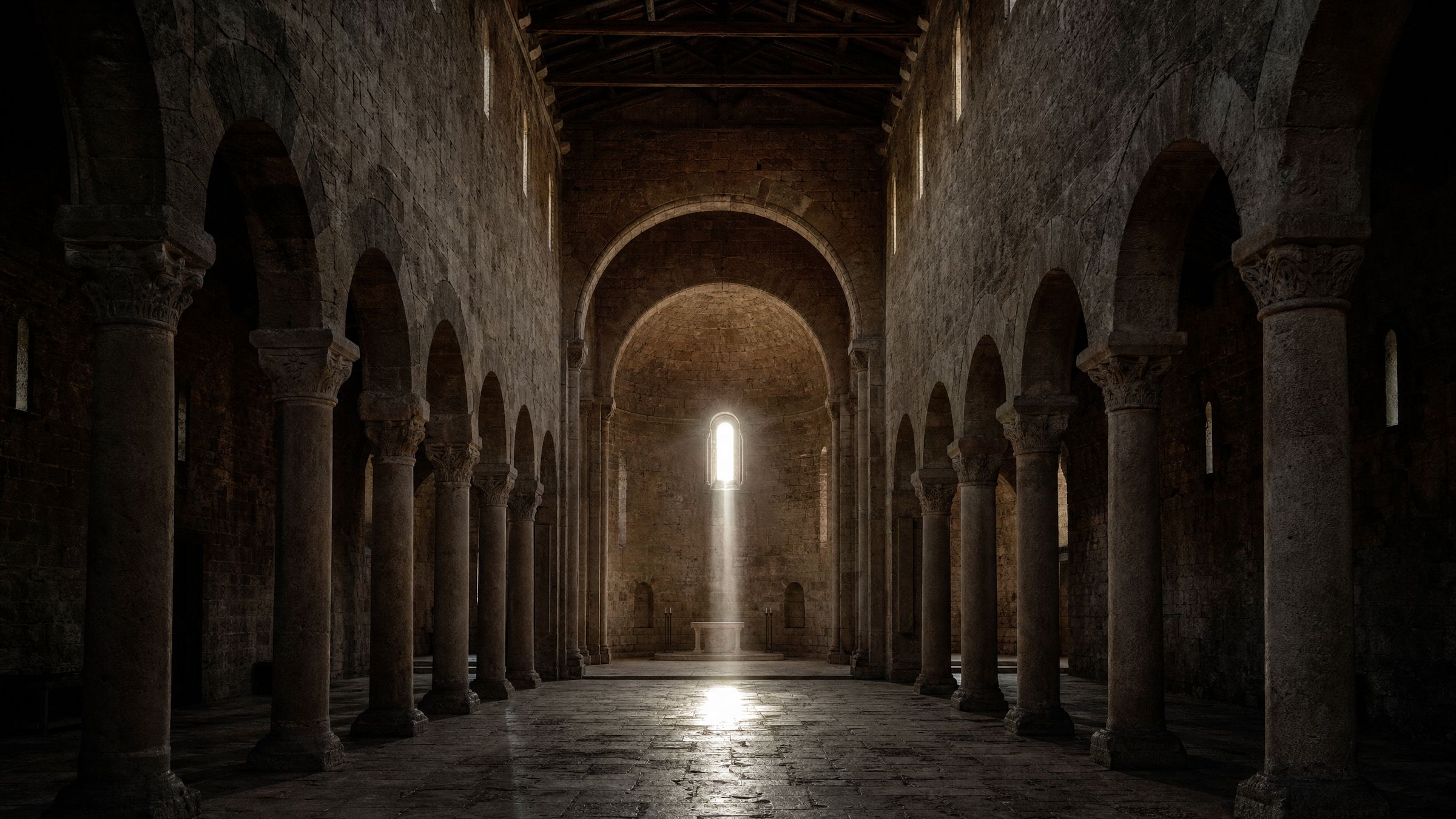 The nave of an old stone basilica, one beam of sunlight falling through a high window onto the floor