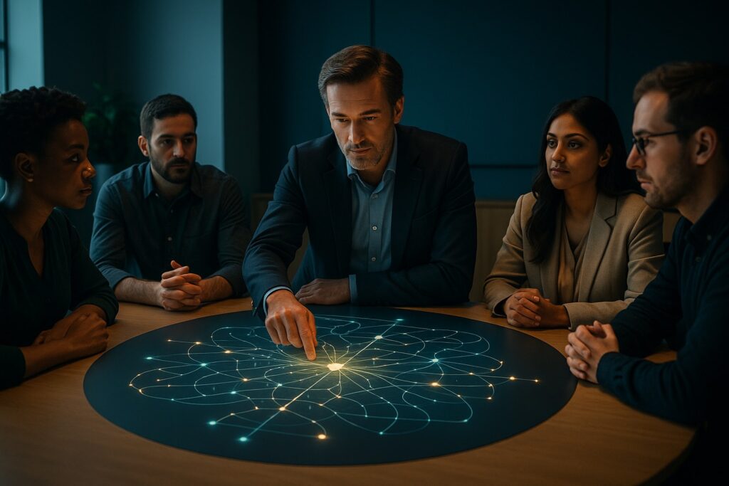 A founder leading a team around a glowing systems map, symbolizing AI-native business structures, strategic audits, and organizational coherence.