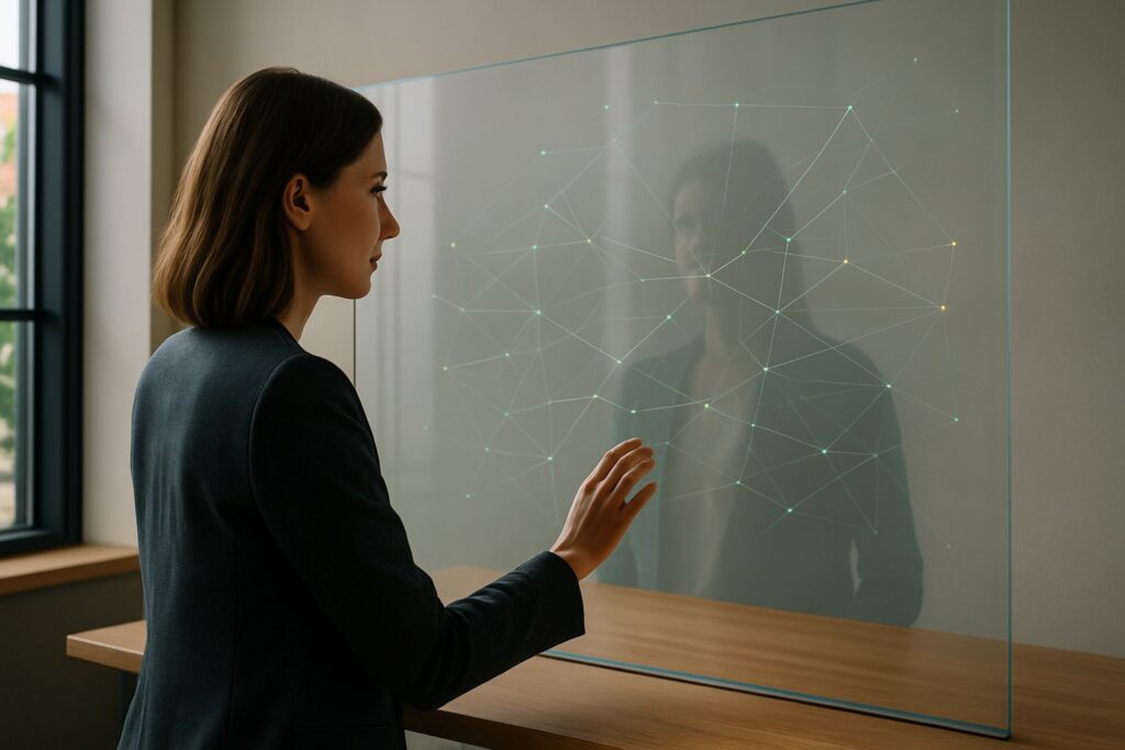 A woman interacts with a transparent digital mirror displaying a network of connections, symbolizing relational intelligence and reflective AI systems.