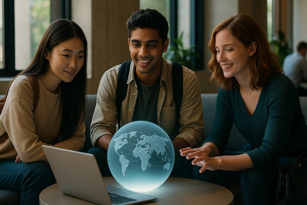 Three students collaborating around a laptop with a glowing digital world map, symbolizing international internships and global AI-enabled placements.